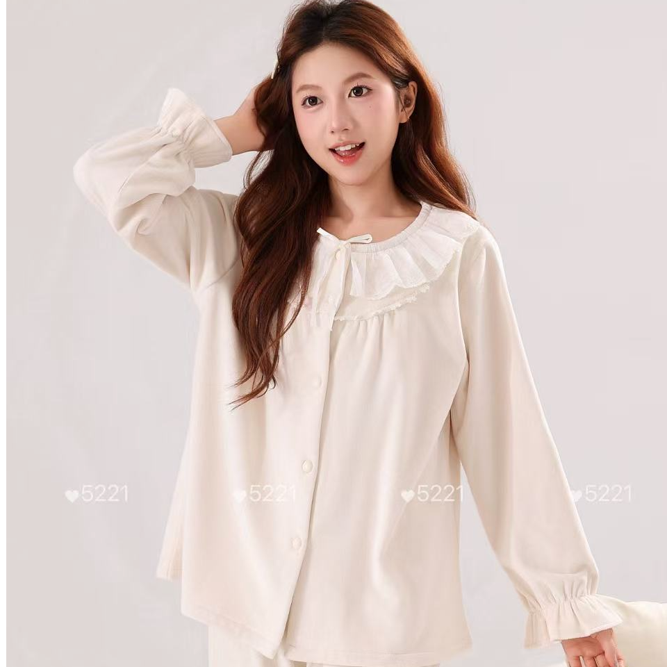 长袖女士家居服套装冬季宽松保暖春夏睡衣透气海岛绒蕾丝圆领5221