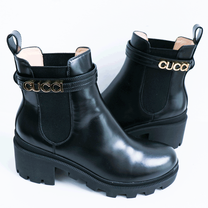 未使用 GUCCI/古驰 休闲舒适百搭字母扣黑色短靴39.5码