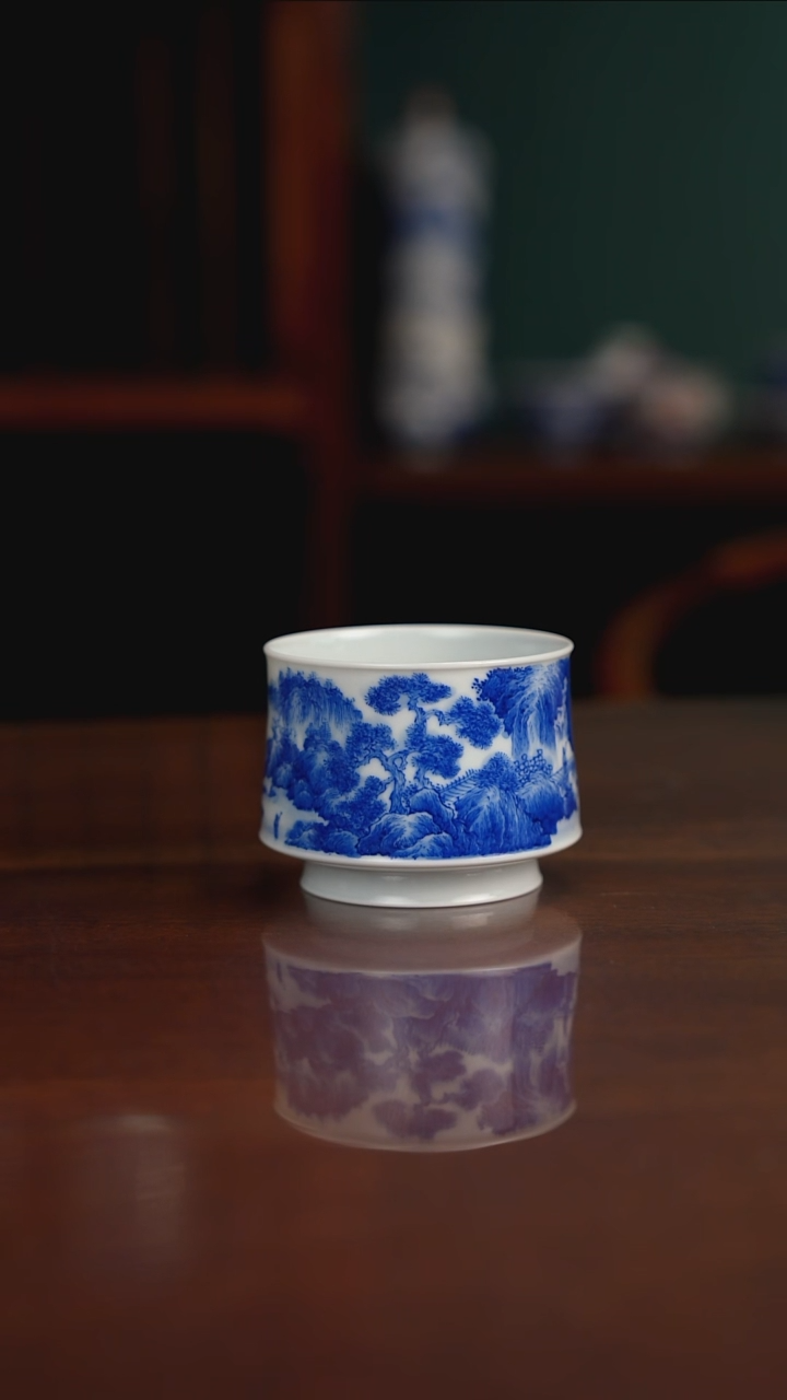 晓月窑青花山水主人杯
