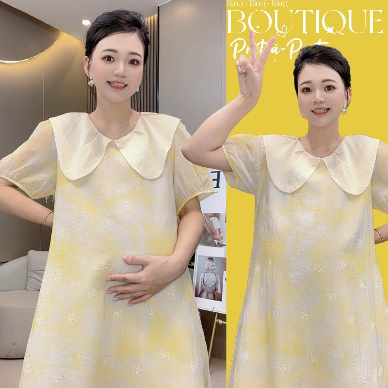 2025孕妇装连衣裙夏装新款娃娃领雪纺裙薄荷曼波扎染法式夏季