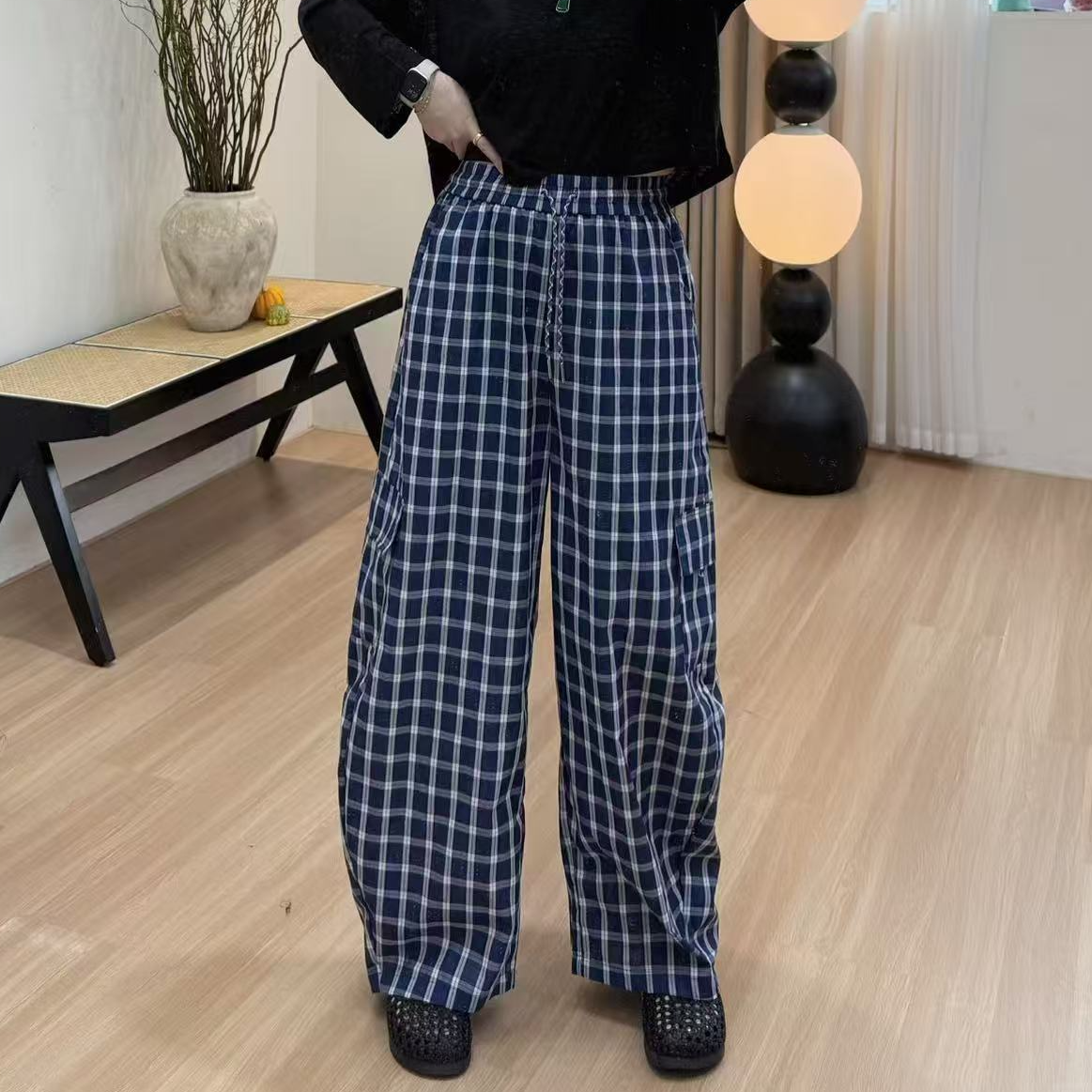 复古棉麻蓝色格大长腿工装休闲裤