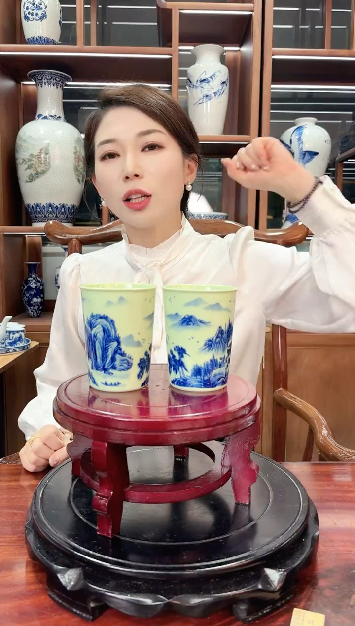 A31景德镇绿稀稀山水写意可乐杯两只