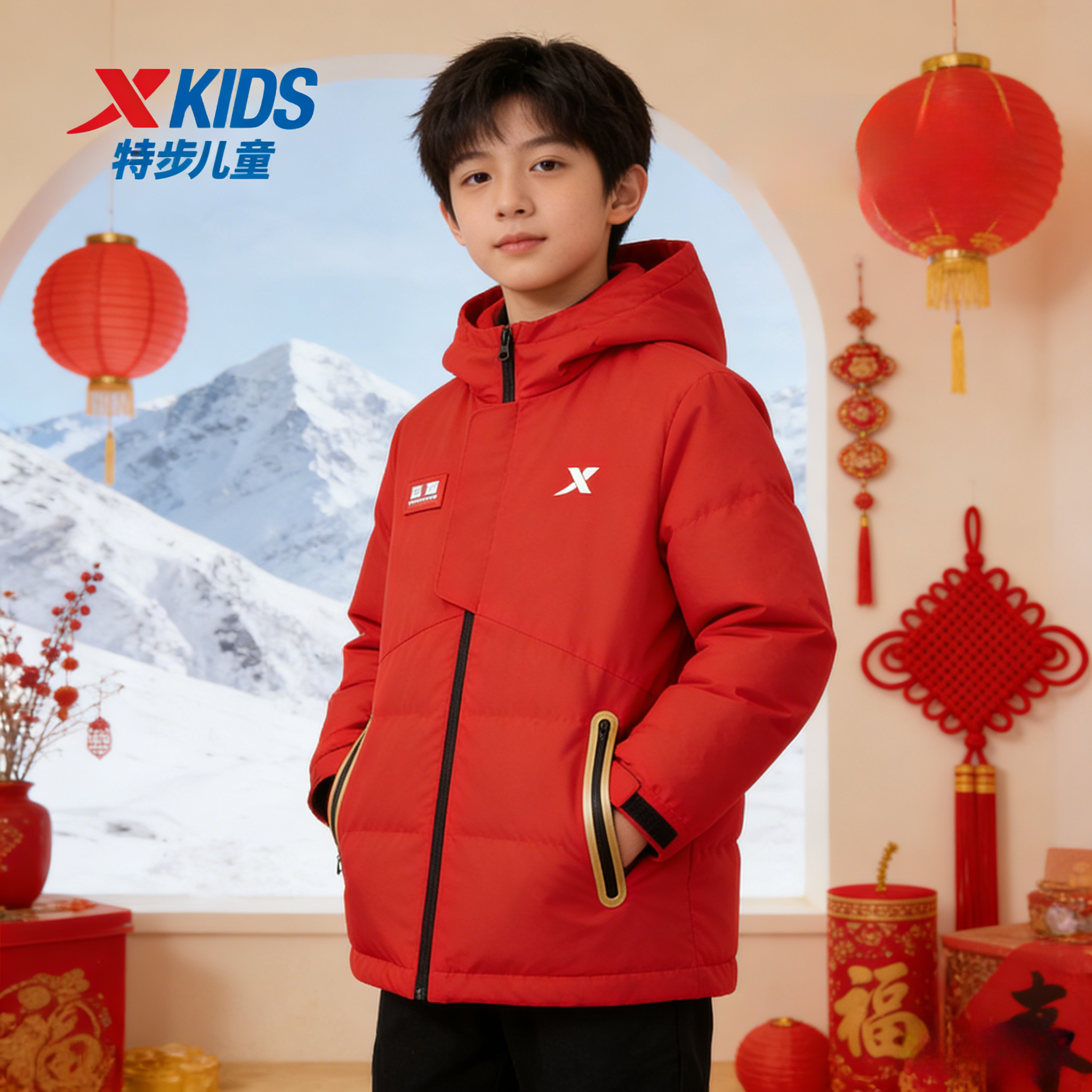 【年款风衣外套】特步儿童秋冬款连帽男女通用保暖675325339054