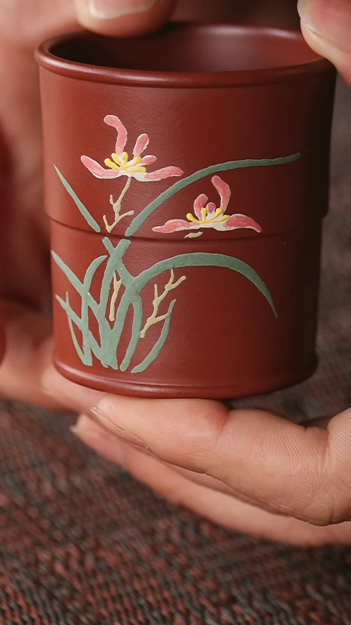 【闪购商品】紫砂茶杯 主人杯 朱泥 带泥绘兰花