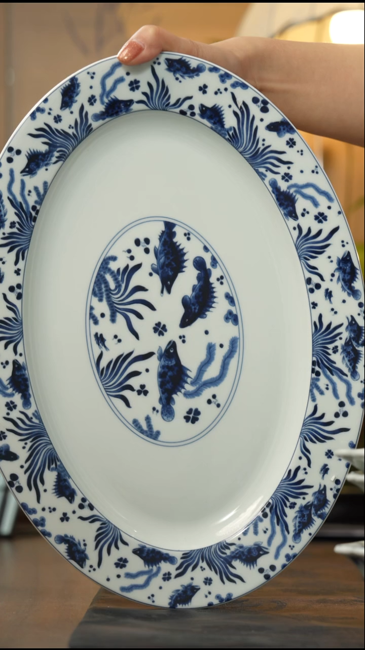 瓷片14"如意椭圆盘（深仿古釉/鱼藻纹）