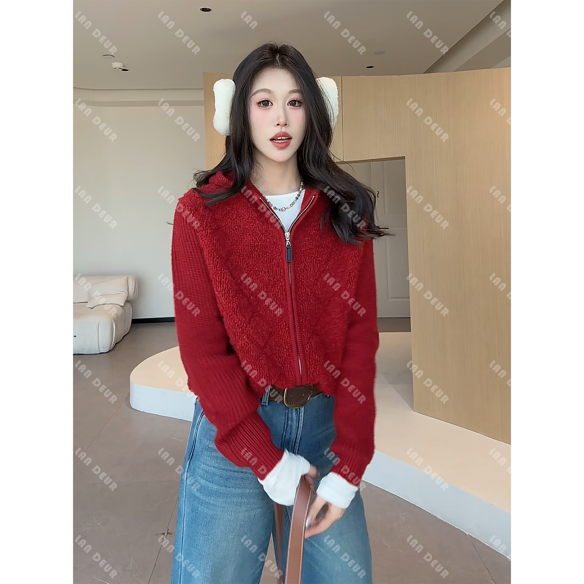 【米兰假日】100%羊毛小众菱格简约连帽宽松短款毛衣纯色针织衫女