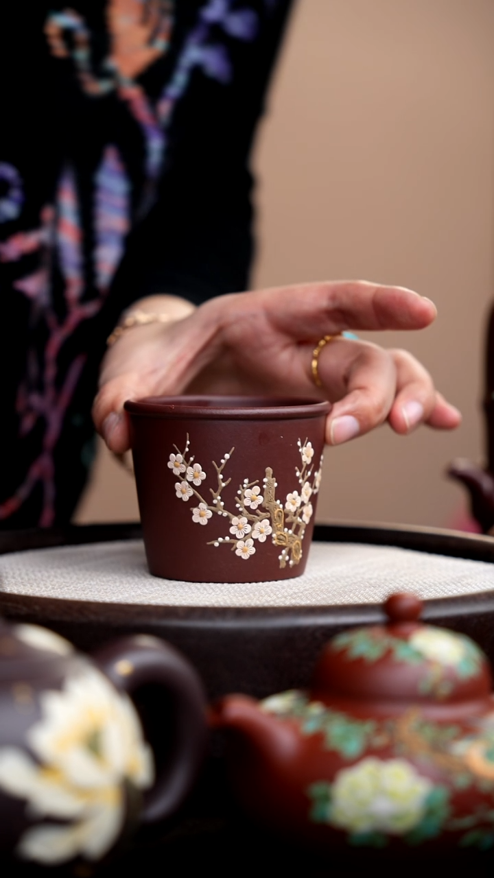 茶壶紫砂紫泥大直口杯梅花