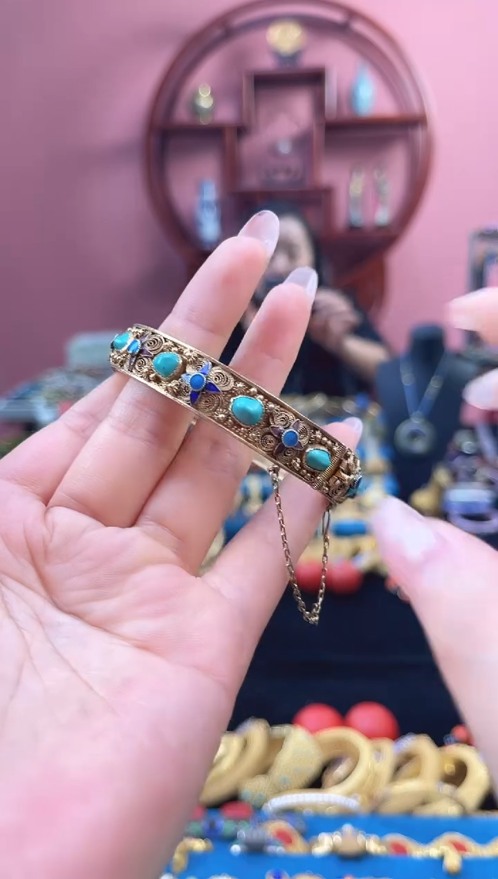 非遗 花丝镶嵌手镯 镀金 随型 蓝绿