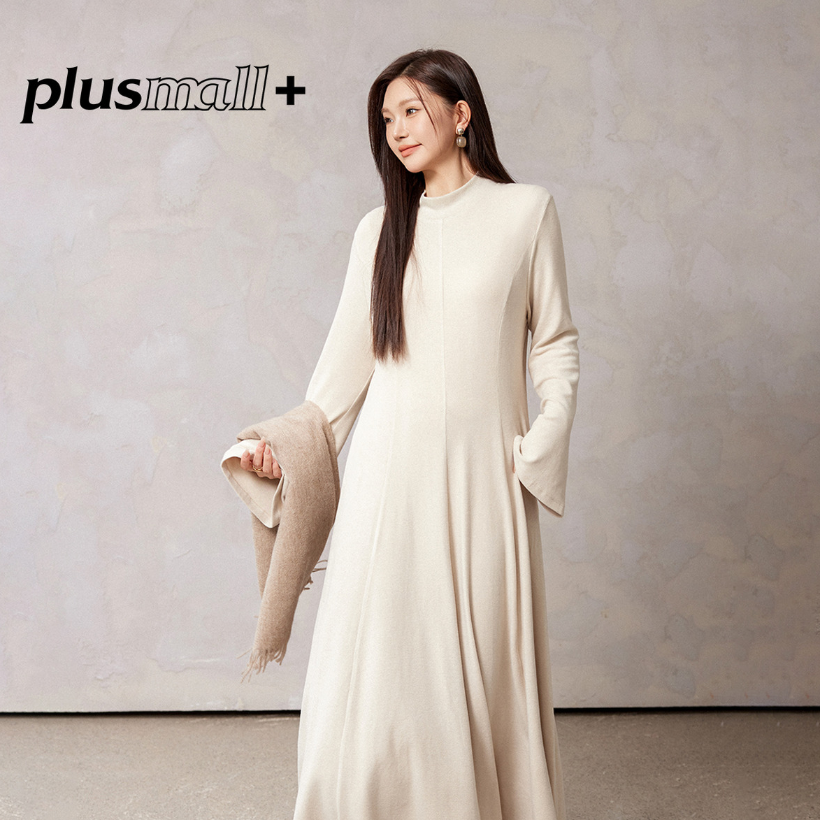 PLUSMALL 黛影流线 半高领修身显瘦针织螺纹打底连衣裙PM2511116