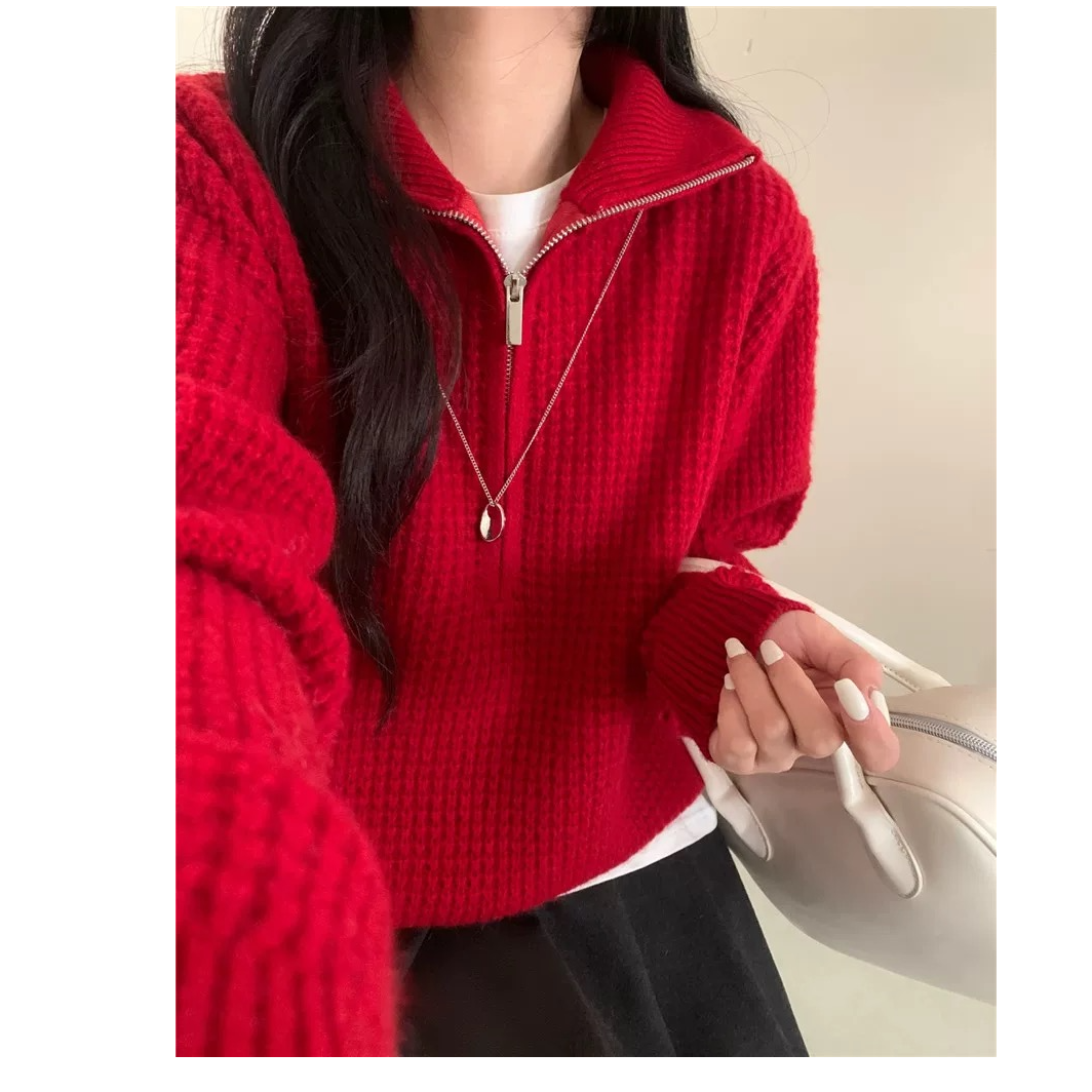 【菠萝针羊绒】冬季新款半拉链高领慵懒风宽松显瘦针织衫女内搭上衣