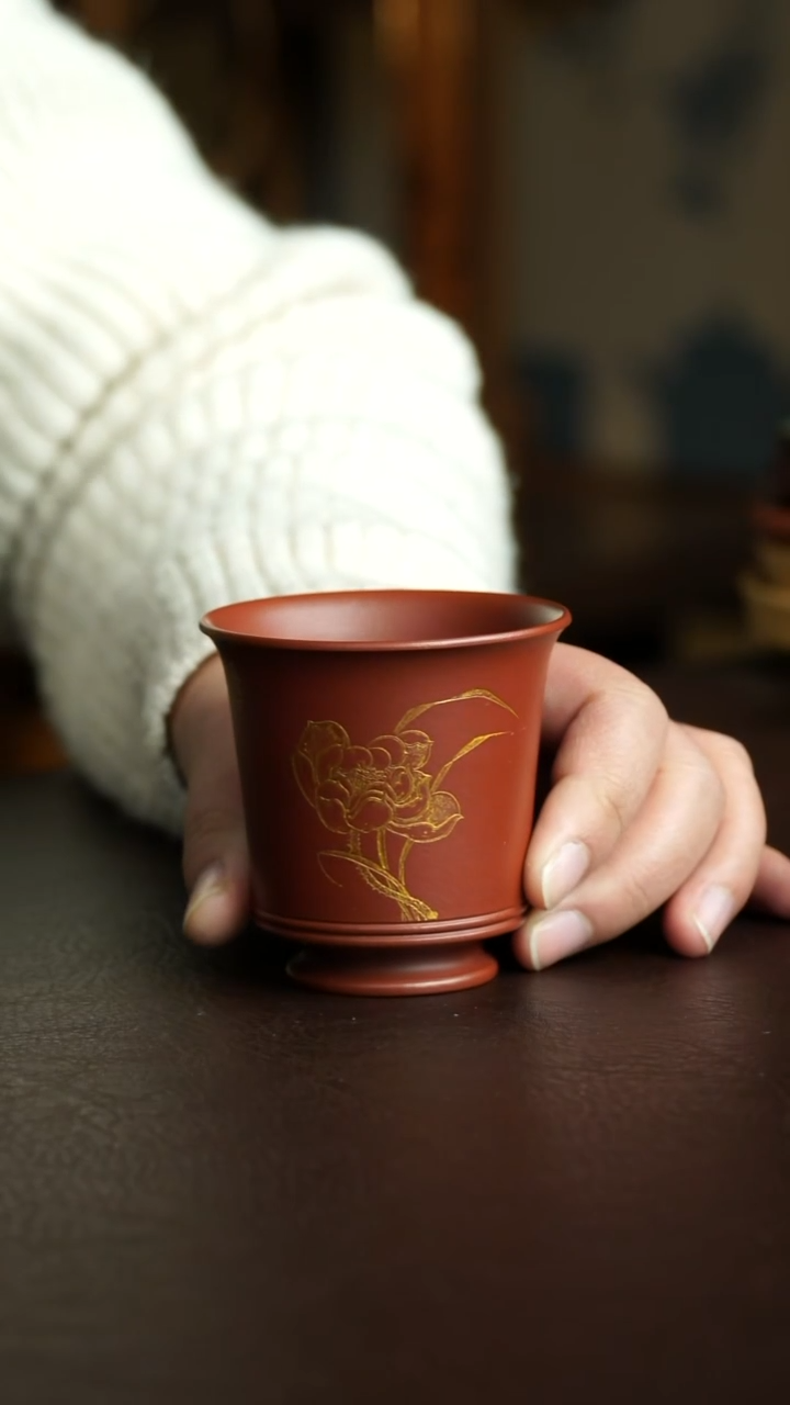 茶杯紫砂14号 朱泥手刻系列主人杯 宜兴紫砂原矿作品