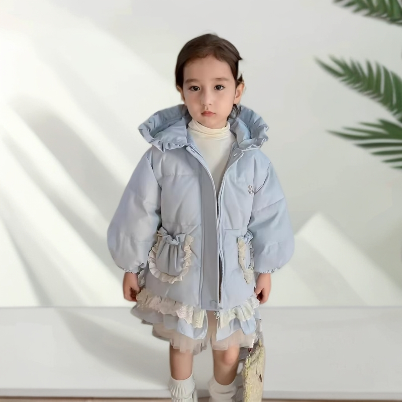 田田小象免洗童装女童羽绒服冬季保暖外套中长款加厚连帽公主风