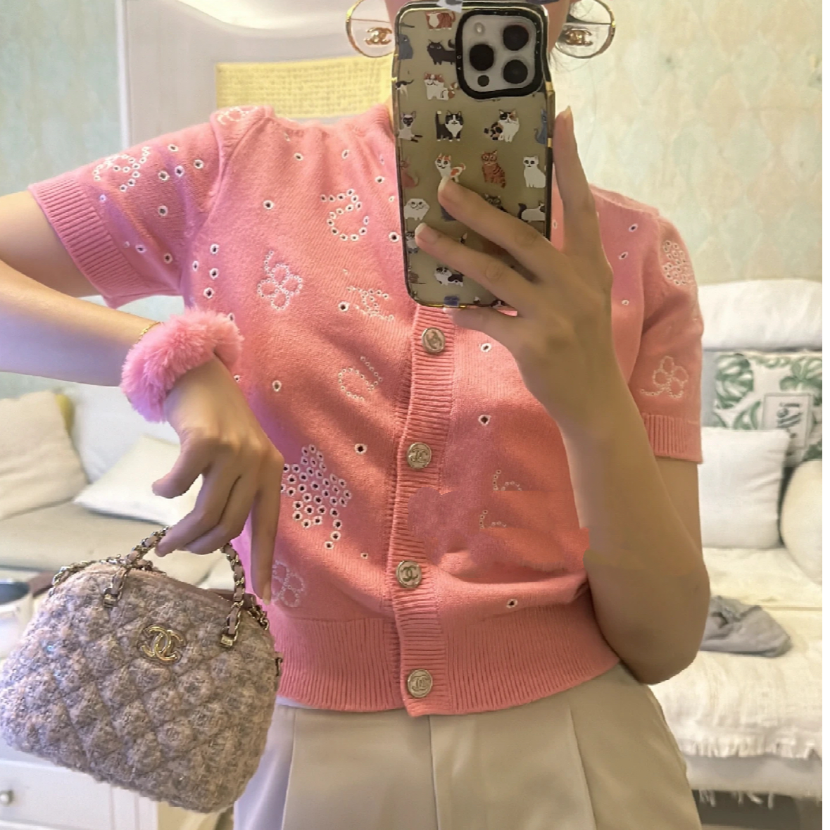 99新 Chanel/香奈儿 34码23P粉色镂空刺绣四叶草短袖针织上衣