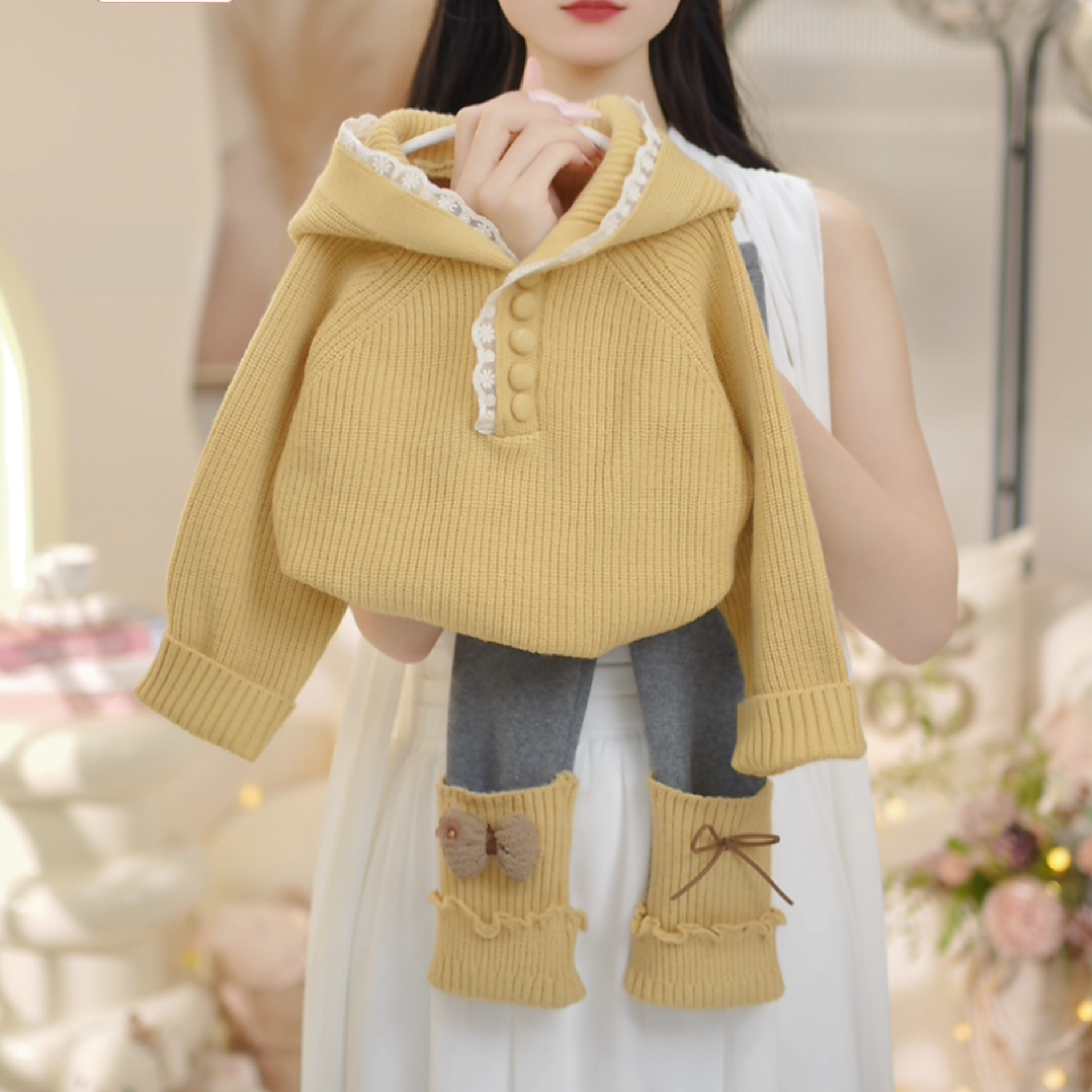 【现货】女童2025冬季新款花边连帽加厚毛衣+加绒打底裤套装C23923