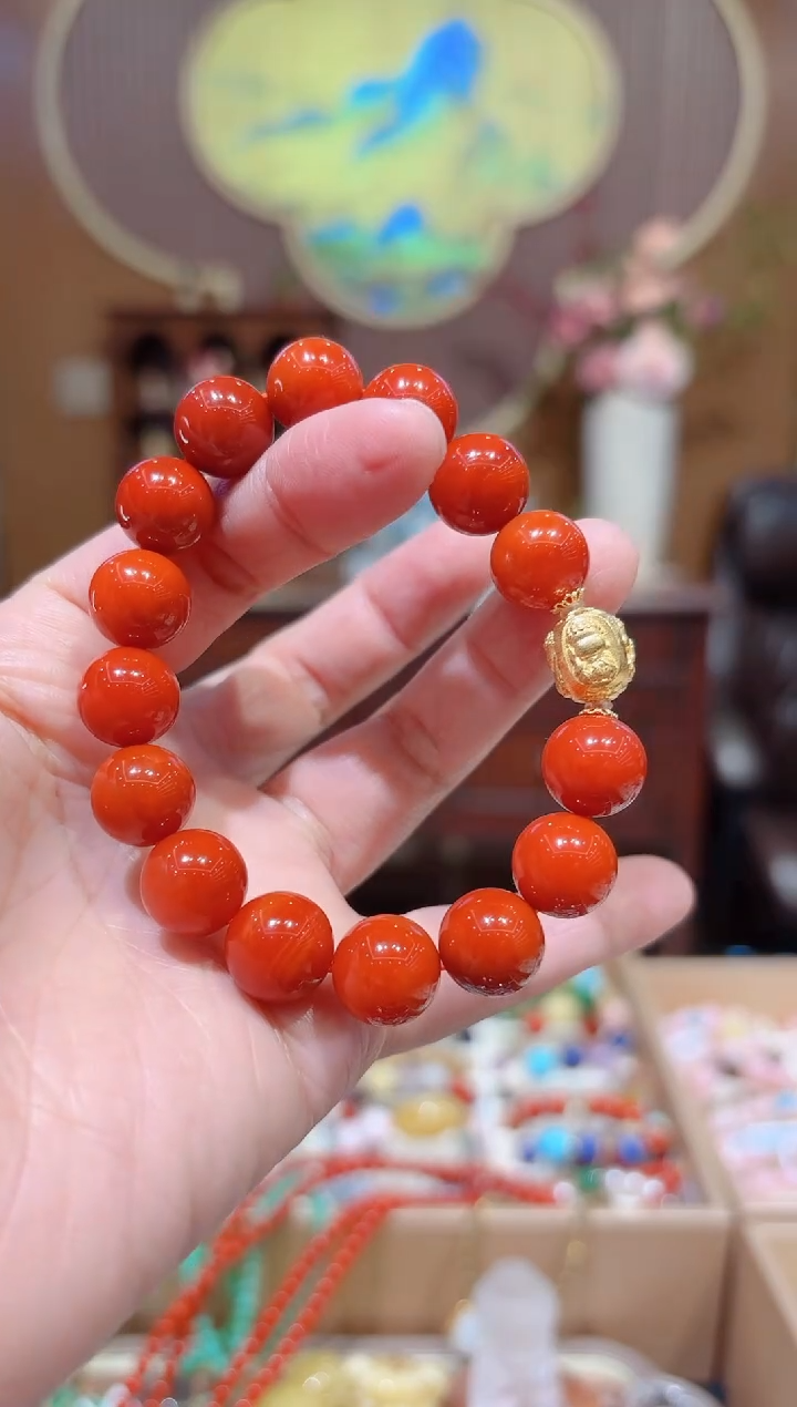 【闪购商品】南红玛瑙手链18K金镶嵌特级5A锦红12.3