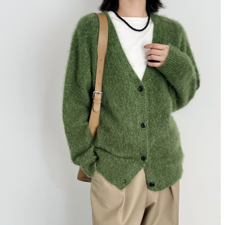 V领韩版秋冬山羊绒羊毛混纺拉绒开衫显瘦加厚花纱外套宽松慵懒风