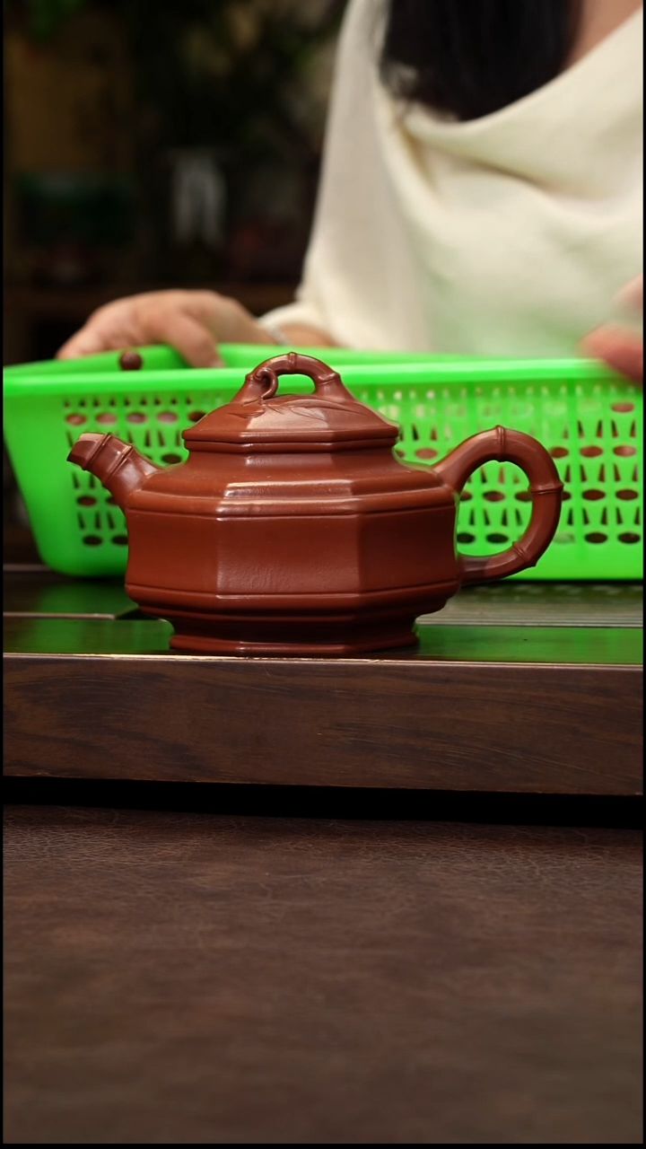 茶壶紫砂朱泥全手八方竹鼓300cc左右
