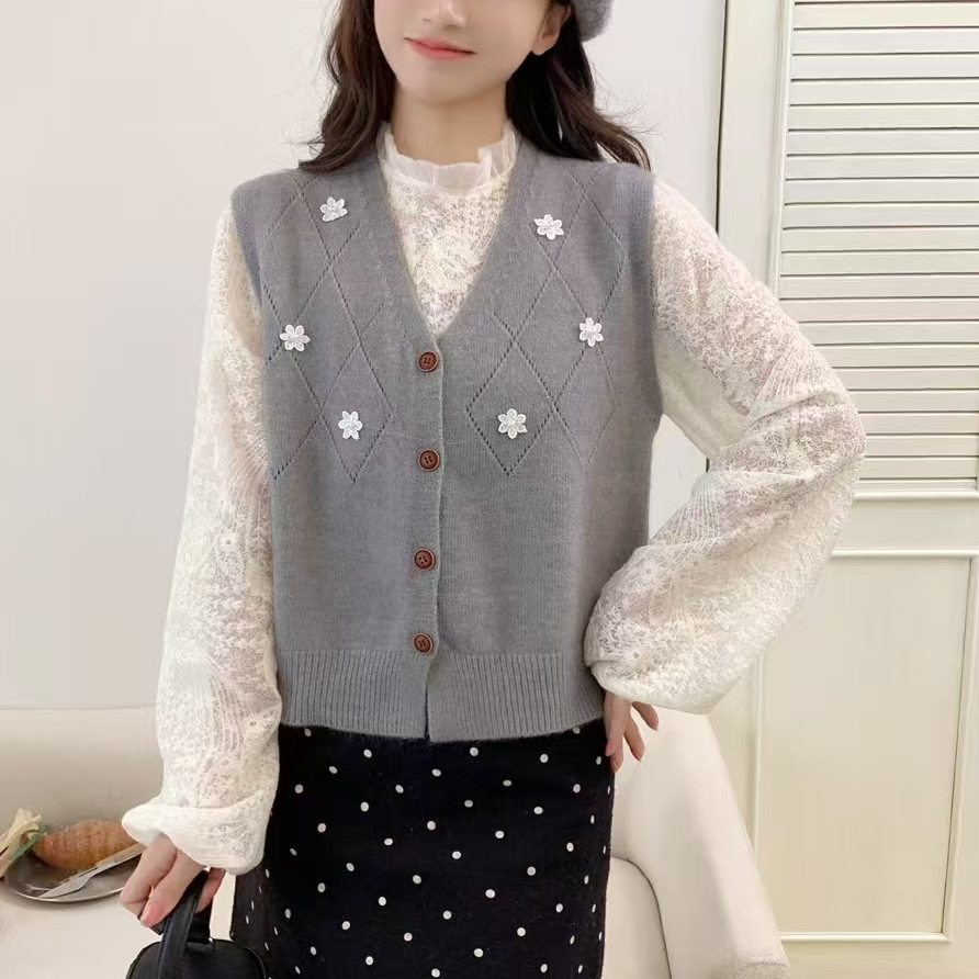 针织马甲开衫女甜美减龄百搭设计感小个子V领无袖毛衣背心马夹女