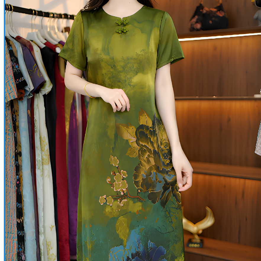 新款绿色底蓝色牡丹花圆领盘扣短袖连衣裙3007改良旗袍连衣裙