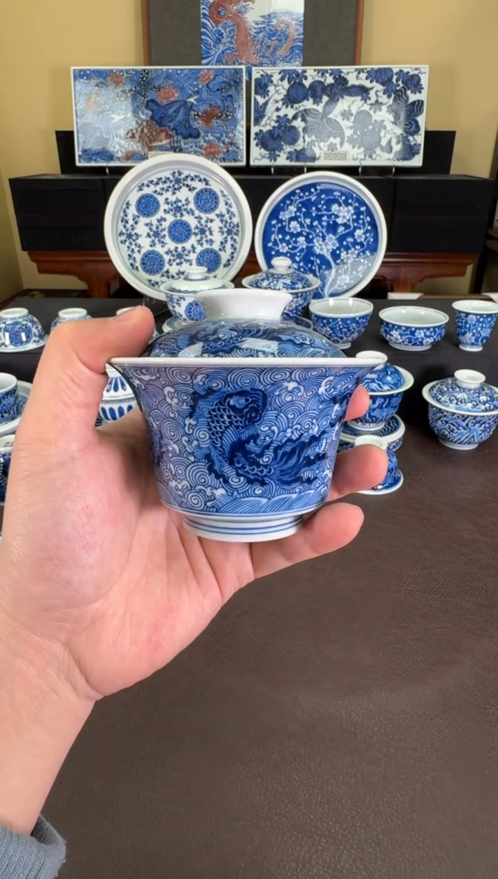 【闪购商品】瓷片羿器窑海水鲲马蹄盖碗