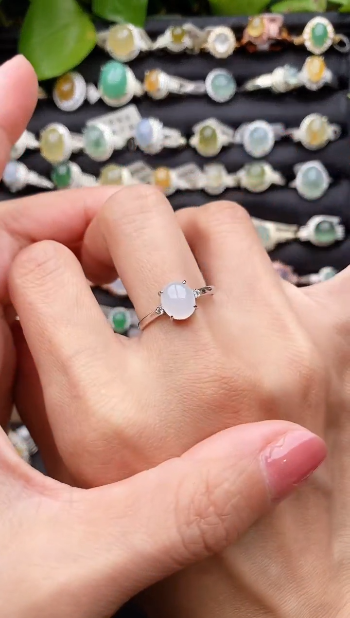 【闪购商品】翡翠戒指银S925镶嵌缅甸天然A货翡翠77  1-1