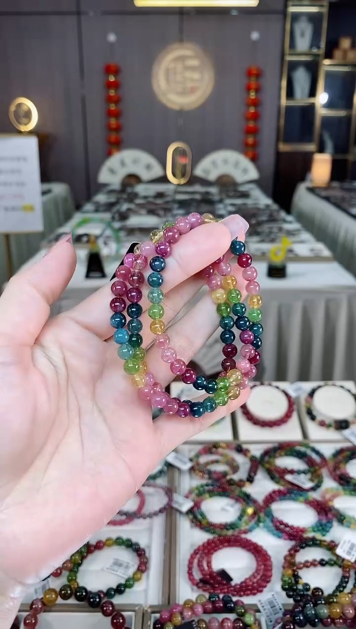 未镶嵌老矿碧玺彩虹三圈手串6mm+碧玺hon多样性发货一条