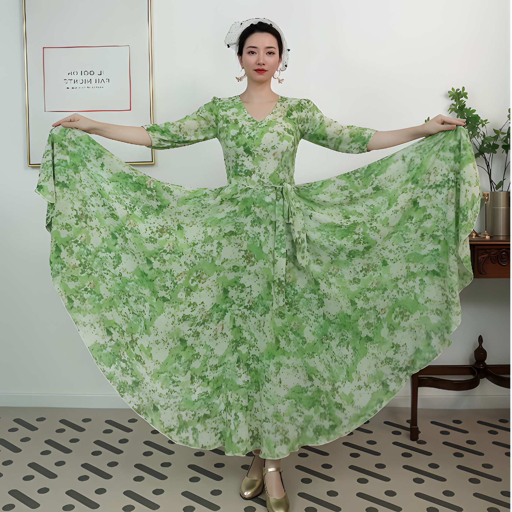 晴栖云木-人丝混纺轻奢印花法式收腰连衣裙/540摆