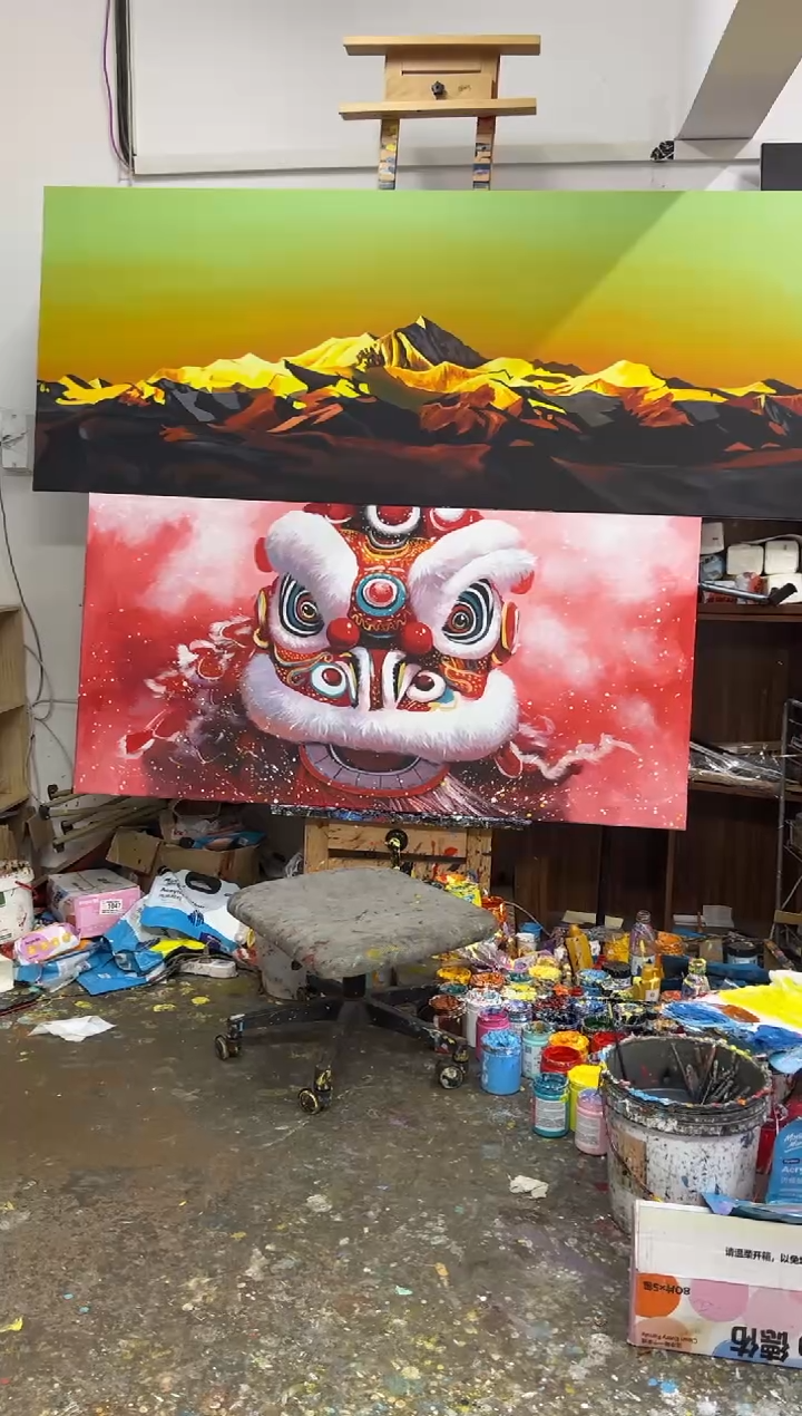 丙烯画刘*平大树老师醒狮加框