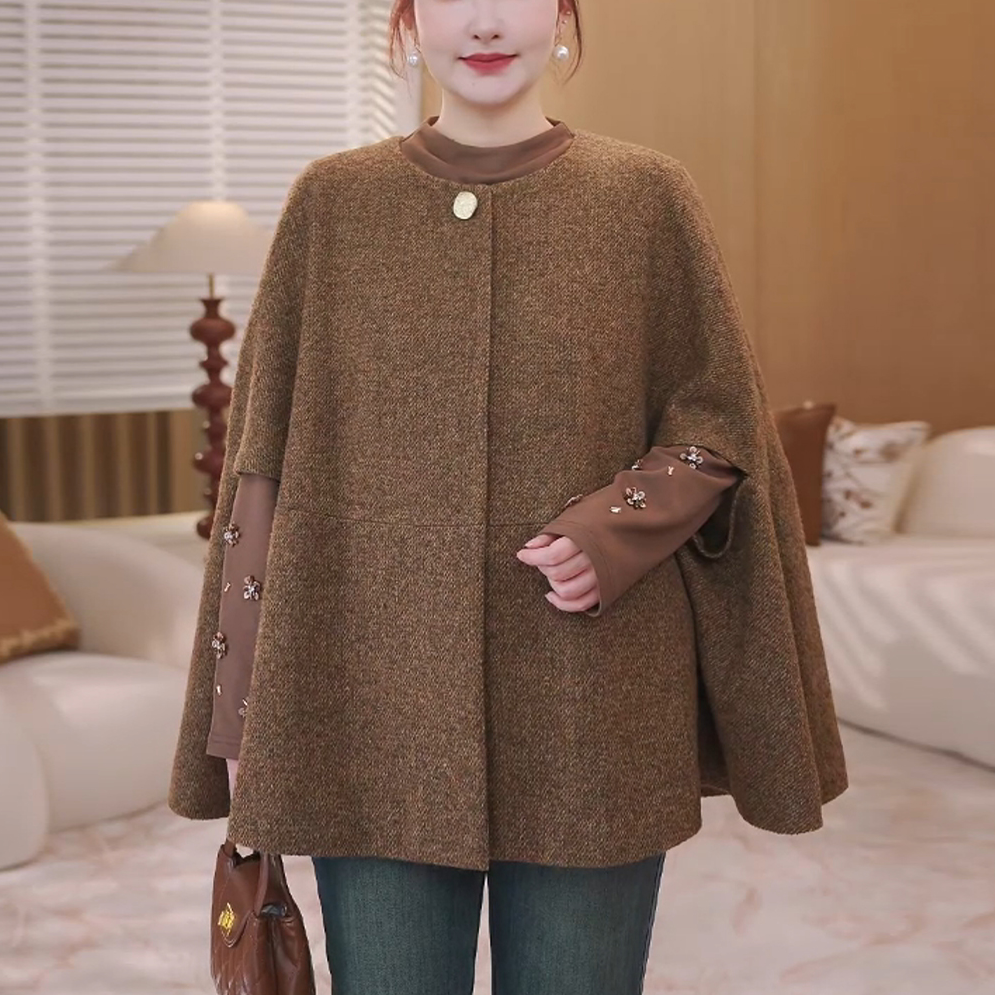 【羊毛呢】MsShe大码女装2025新冬气质老钱风斗篷披肩外套E2512039