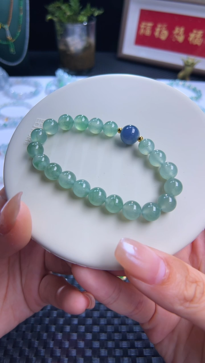 足金镶嵌手串翡翠喜***圆卡8冰甜绿设计款！大漏！