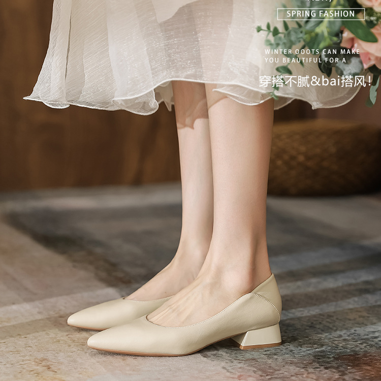 【跟3公分】【尺码34-40】新款夏季尖头浅口真皮气质温柔百搭粗跟女鞋
