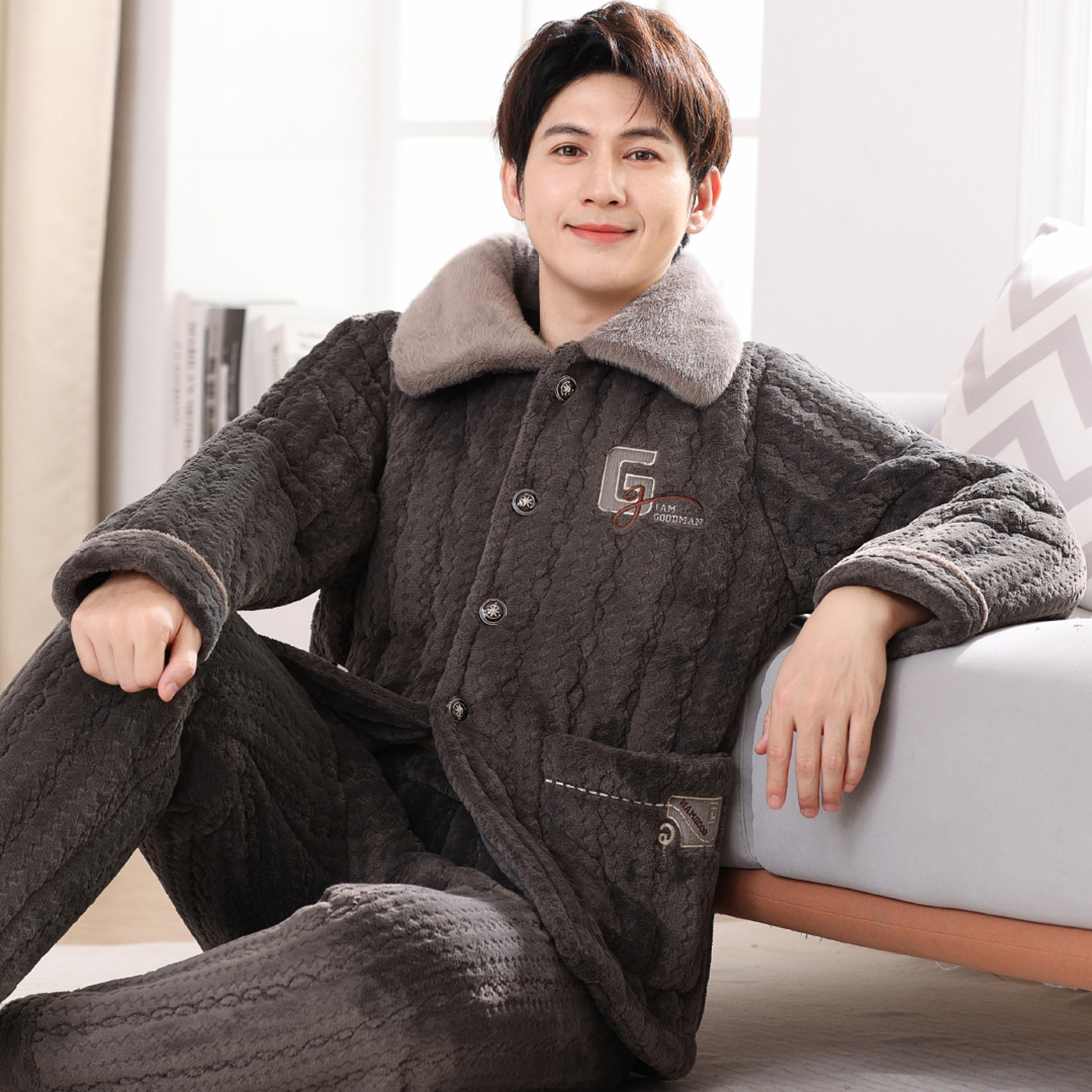 【A137冬季加大新款特厚睡衣】男士冬季加绒加厚睡衣家居服可外穿