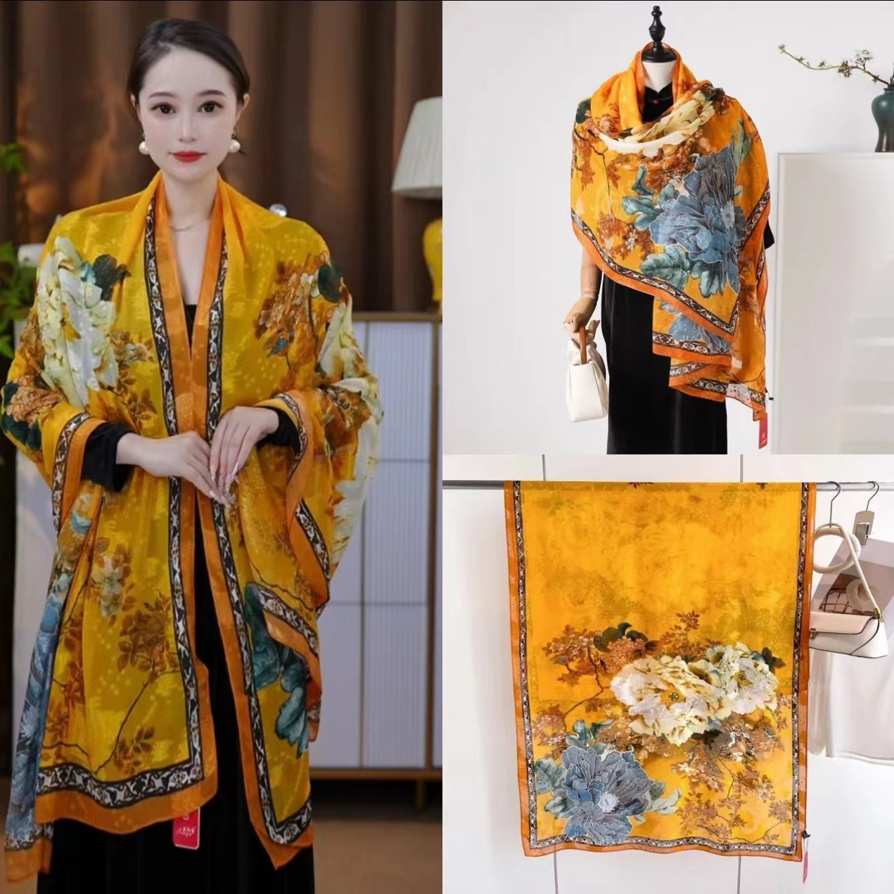 A217 ·富贵牡丹 #双绉剪花 70*180高端复古围巾披肩