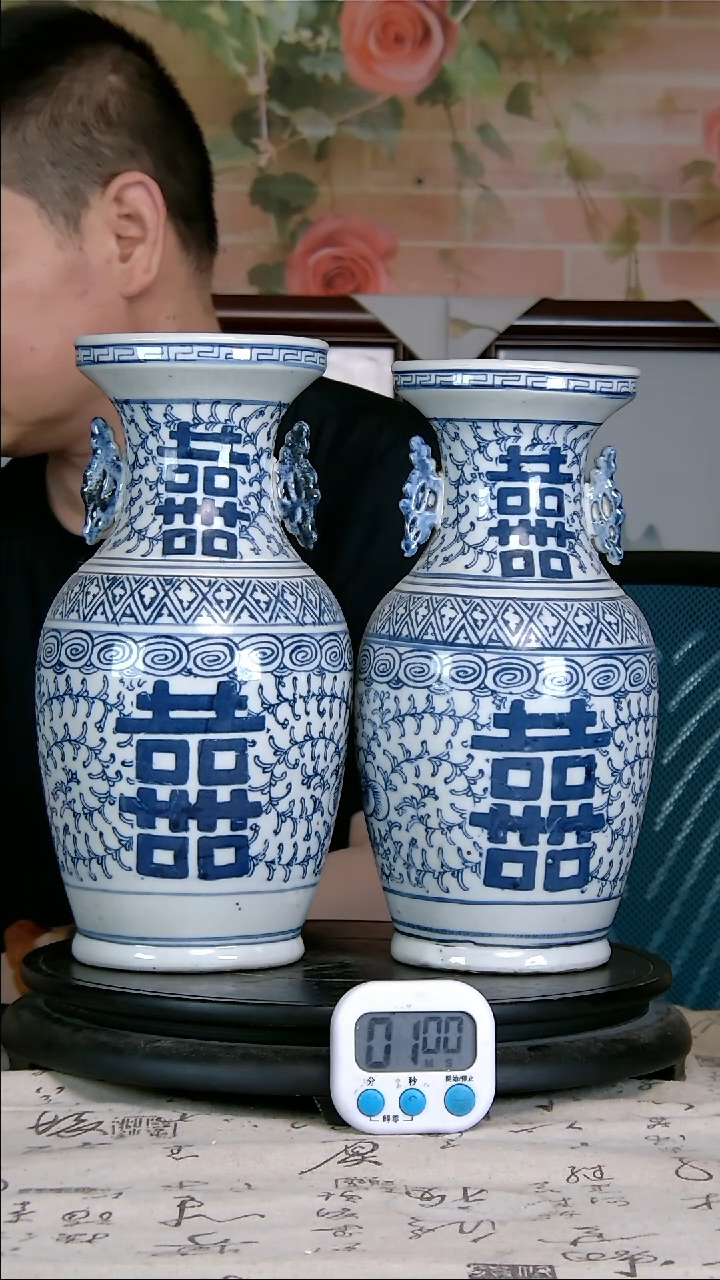 壶炮*高青花精绘花卉图瓶一对