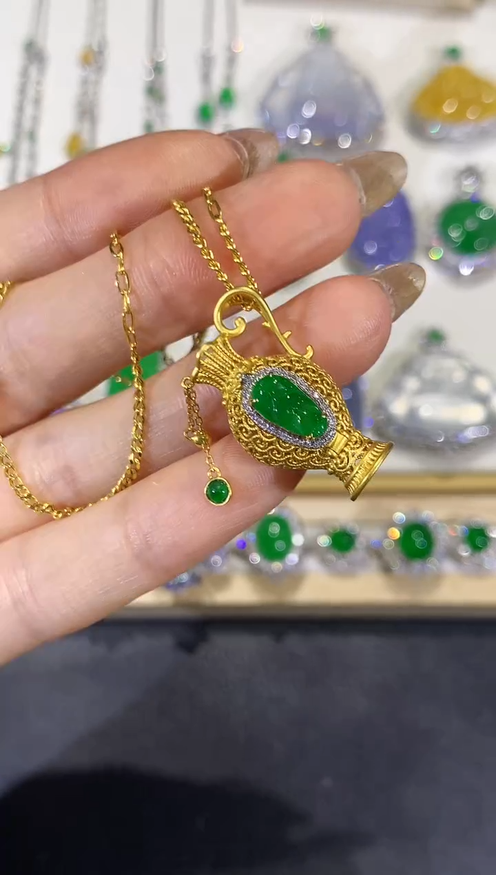 翡翠18K金镶嵌套链团购34