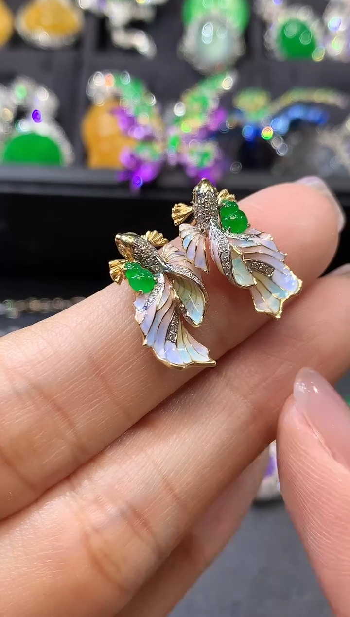 【闪购商品】翡翠耳饰18K金镶嵌D15一对