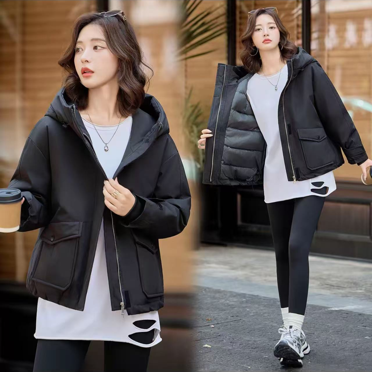 9364-女士（魔术贴款）冲锋衣工装羽绒服外套（黑色）