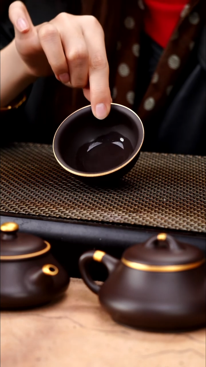 茶壶紫砂四号井茄皮紫泥描金小碗杯