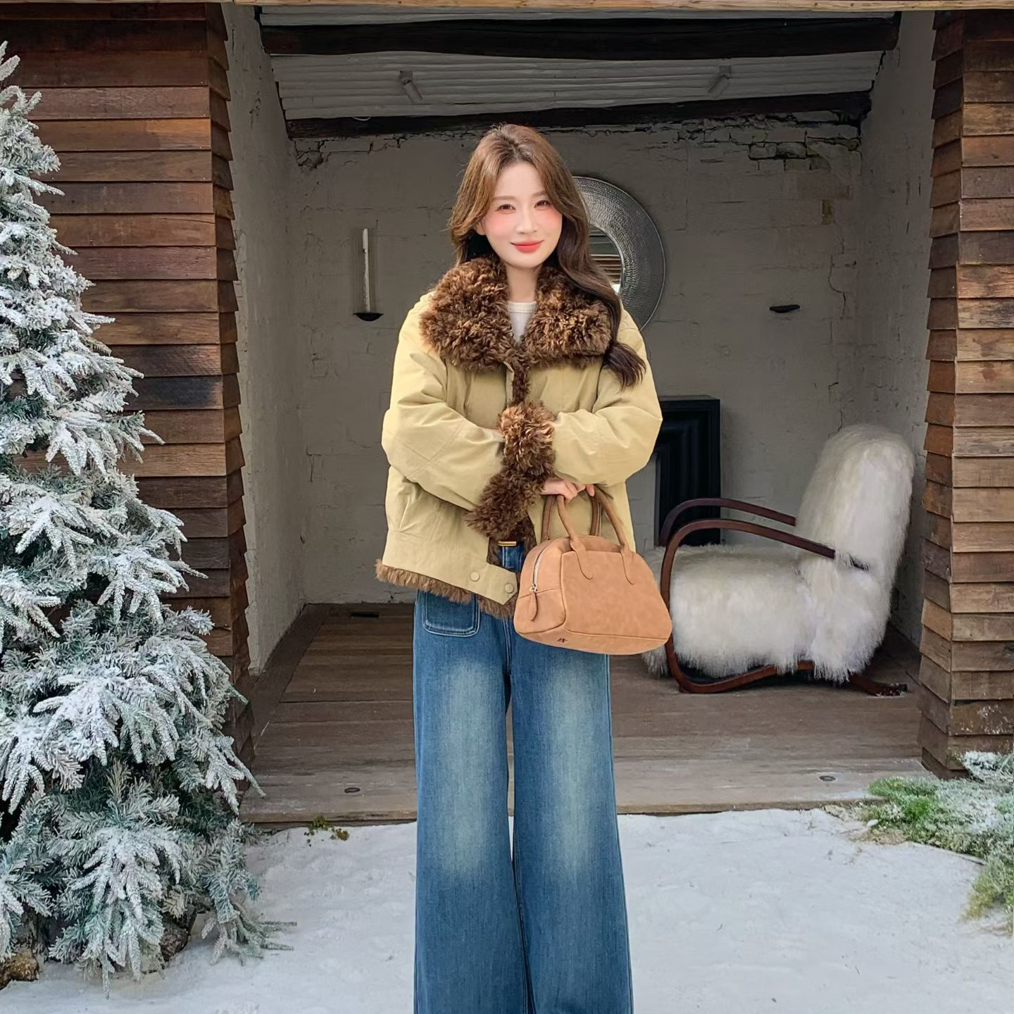 复古卷毛翻领皮毛一体外套 LAW54086