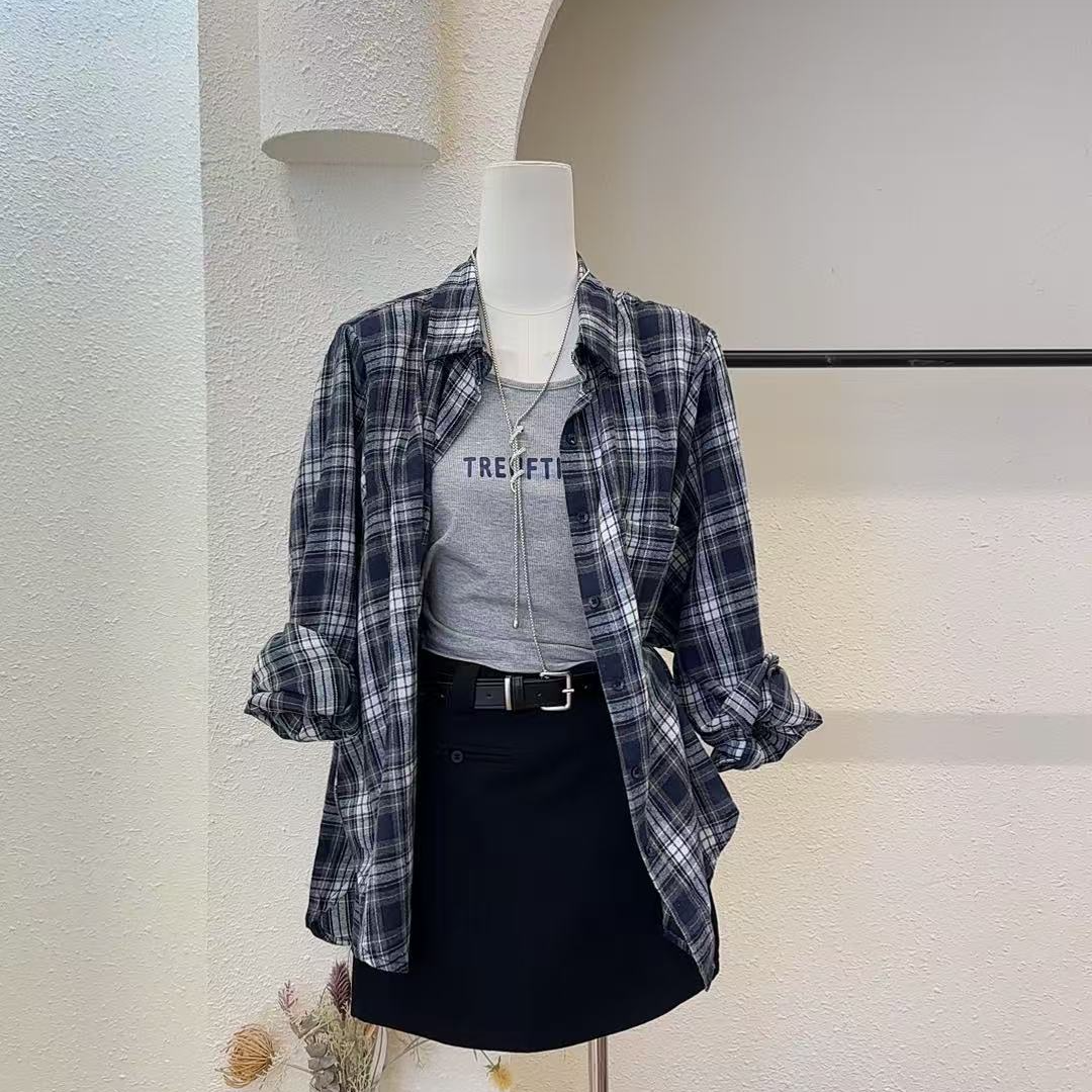 【英伦格子】档口主推复古宽松格纹长袖衬衣背心两件套-905