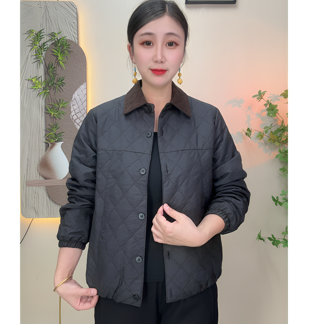 春秋新款时尚洋气宽松显瘦减龄休闲百搭妈妈装夹棉菱格长袖外套