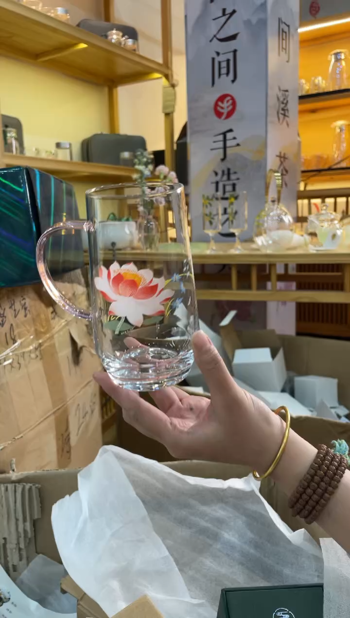 手工艺品玻璃春意绿茶杯粉把荷花