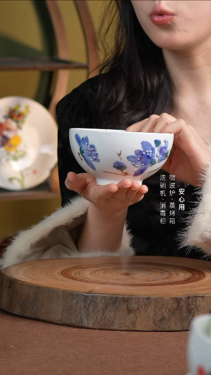 瓷景德镇高温手绘釉下彩5英寸奥碗玉兰花