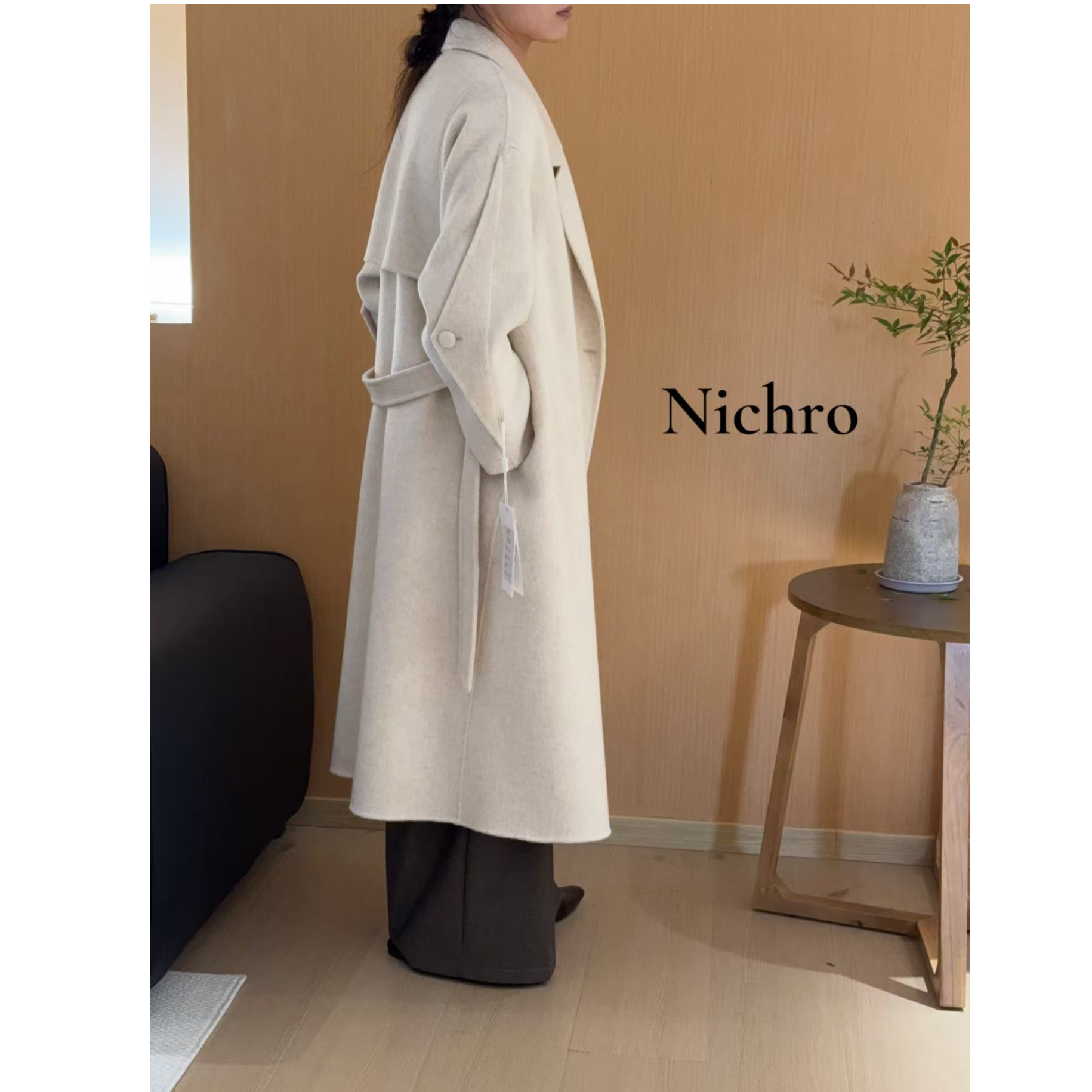 扬衣全绵羊毛气质宽松长款腰带双面绒毛呢大衣