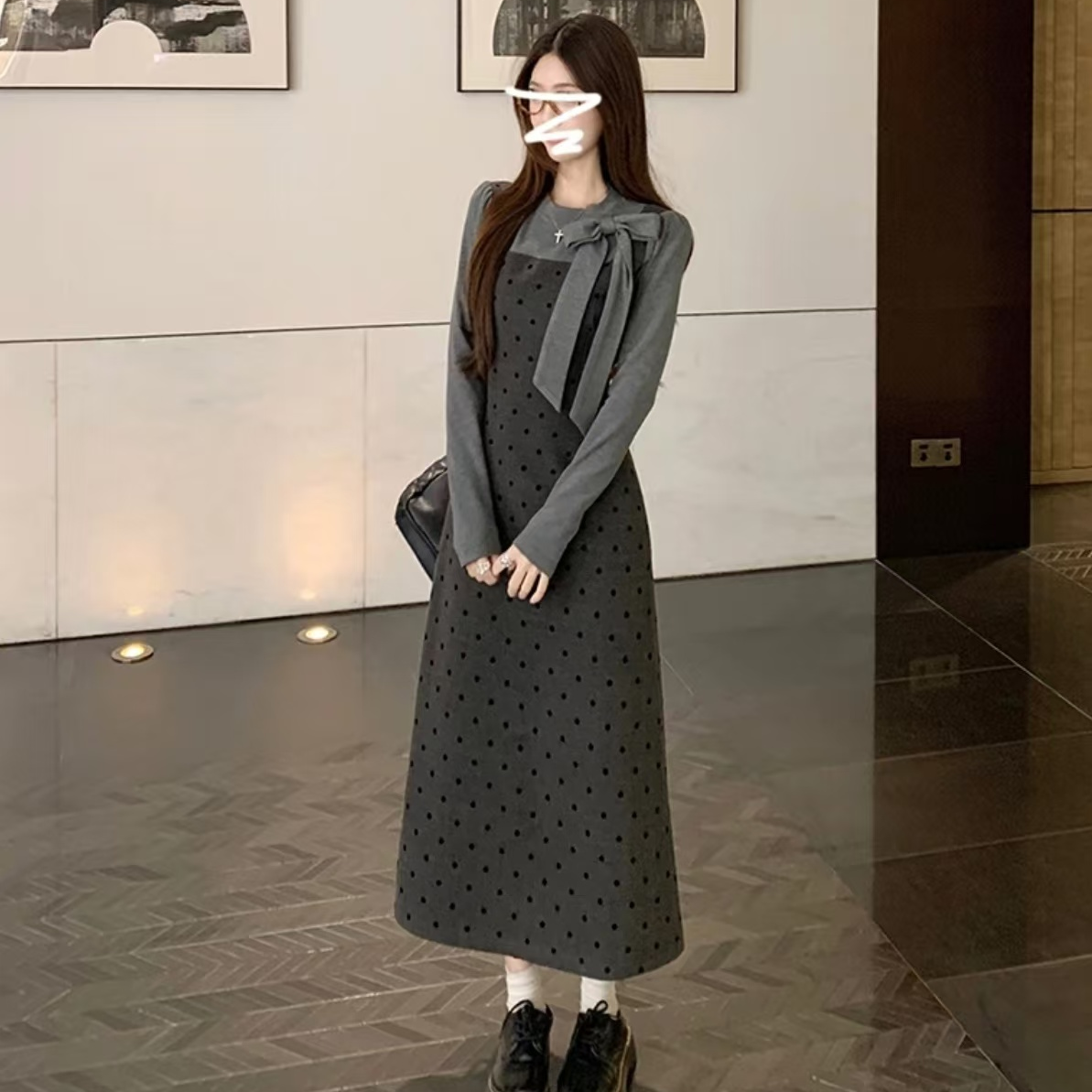 韩国小镇~假两件灰色连衣裙子女秋冬季25新款长裙高级感穿搭