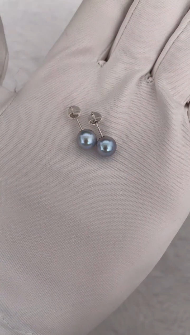 银S925镶嵌海水珍珠耳钉AK真多麻素钉7.5-8mm