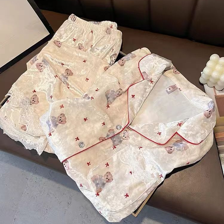 欧颖慕网红同款卡通小熊金丝绒睡衣女秋冬开衫保暖套装外穿家居服