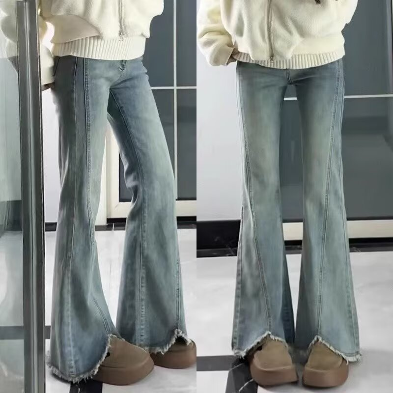 2025新款胖妹妹窄版微喇牛仔裤女毛边设计感高腰显瘦遮跨喇叭裤