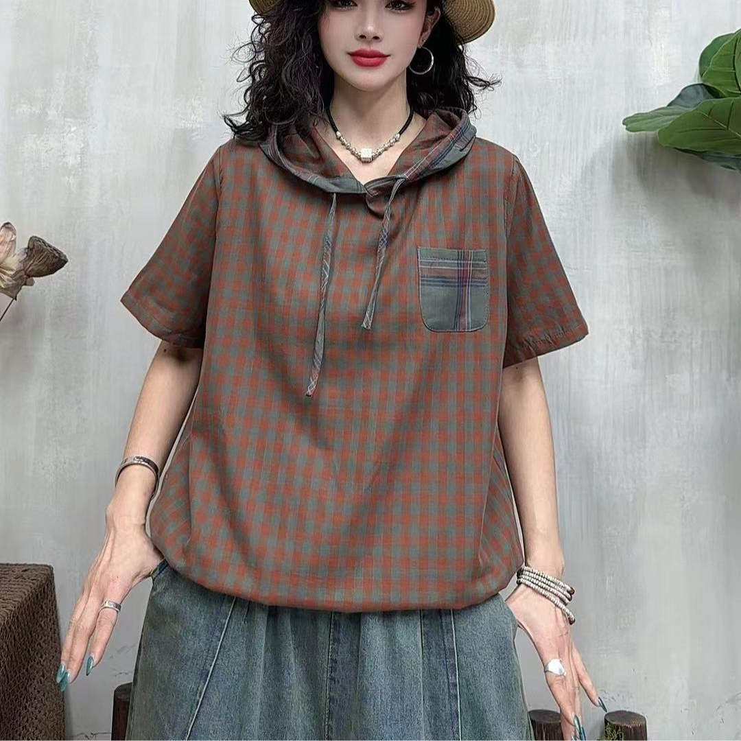 9657新款夏季时尚减龄显瘦格子连帽短袖T恤