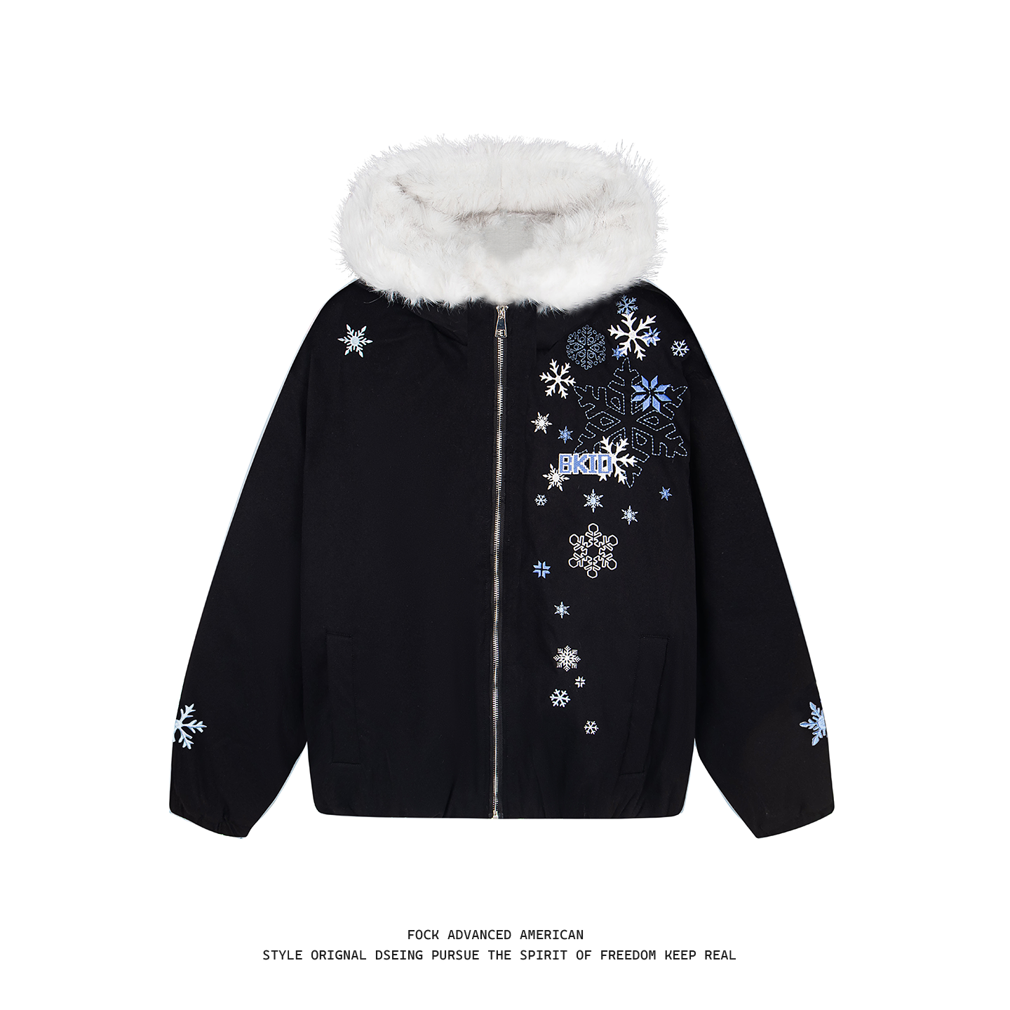 FOCK原创设计冰晶雪花棉服连帽外套男女秋冬情侣保暖宽松拉链上衣